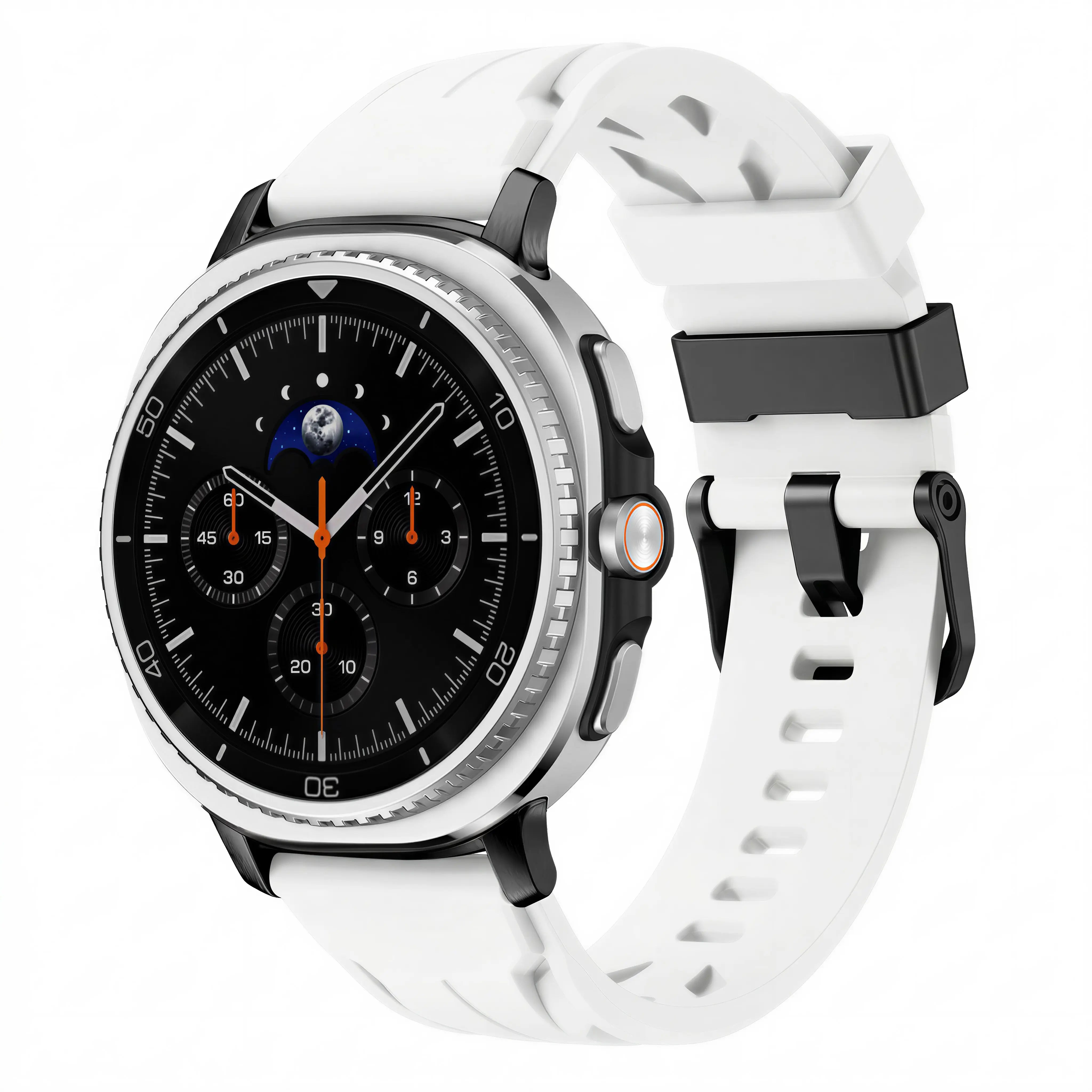 Race Silicone Strap, white, on a watch, 3/4 front view