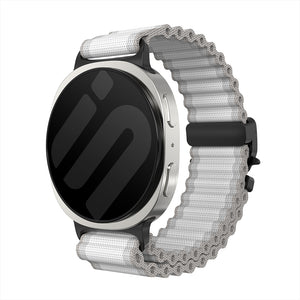 Outdoor Nylon Strap with P-Buckle, white with black, on a watch, 3/4 front view