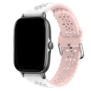 Patterned Silicone Strap, white/pink, on a watch, 3/4 front view
