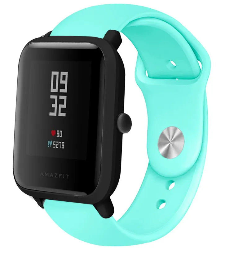Silicone Sport Strap, aqua, on a watch, 3/4 front view