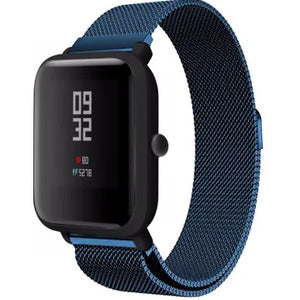 Milanese Strap, blue, on a watch, 3/4 front view