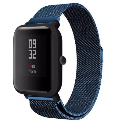 Milanese Strap, blue, on a watch, 3/4 front view