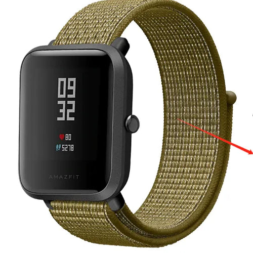 Nylon Strap, olive, on a watch, 3/4 front view