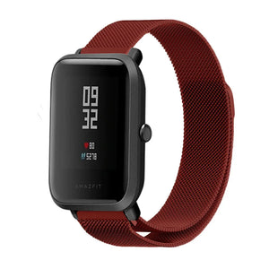 Milanese Strap, red, on a watch, 3/4 front view