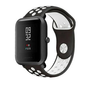 Silicone Sport Strap, black/white, on a watch, 3/4 front view