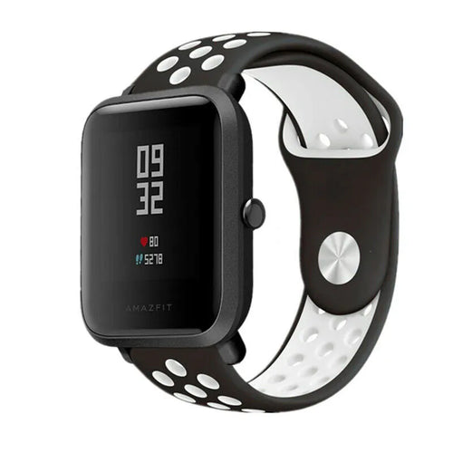Silicone Sport Strap, black/white, on a watch, 3/4 front view