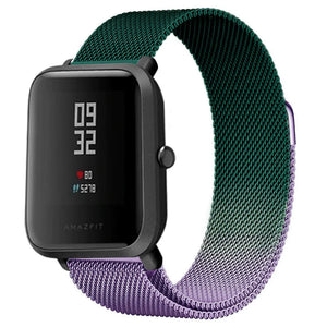 Milanese Strap, purple/green, on a watch, 3/4 front view