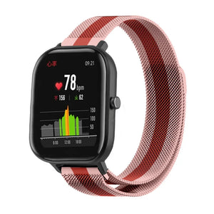 Milanese Strap, red/pink, on a watch, 3/4 front view