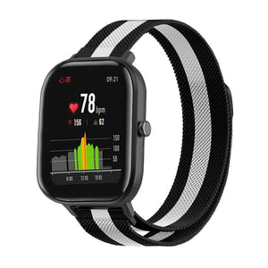Milanese Strap, black/white, on a watch, 3/4 front view