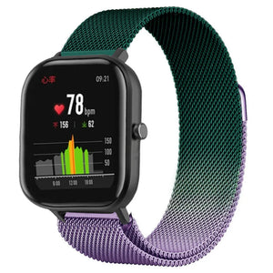 Milanese Strap, purple/green, on a watch, 3/4 front view