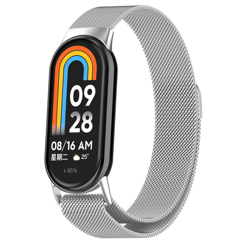 Milanese Strap, silver, on a watch, 3/4 front view