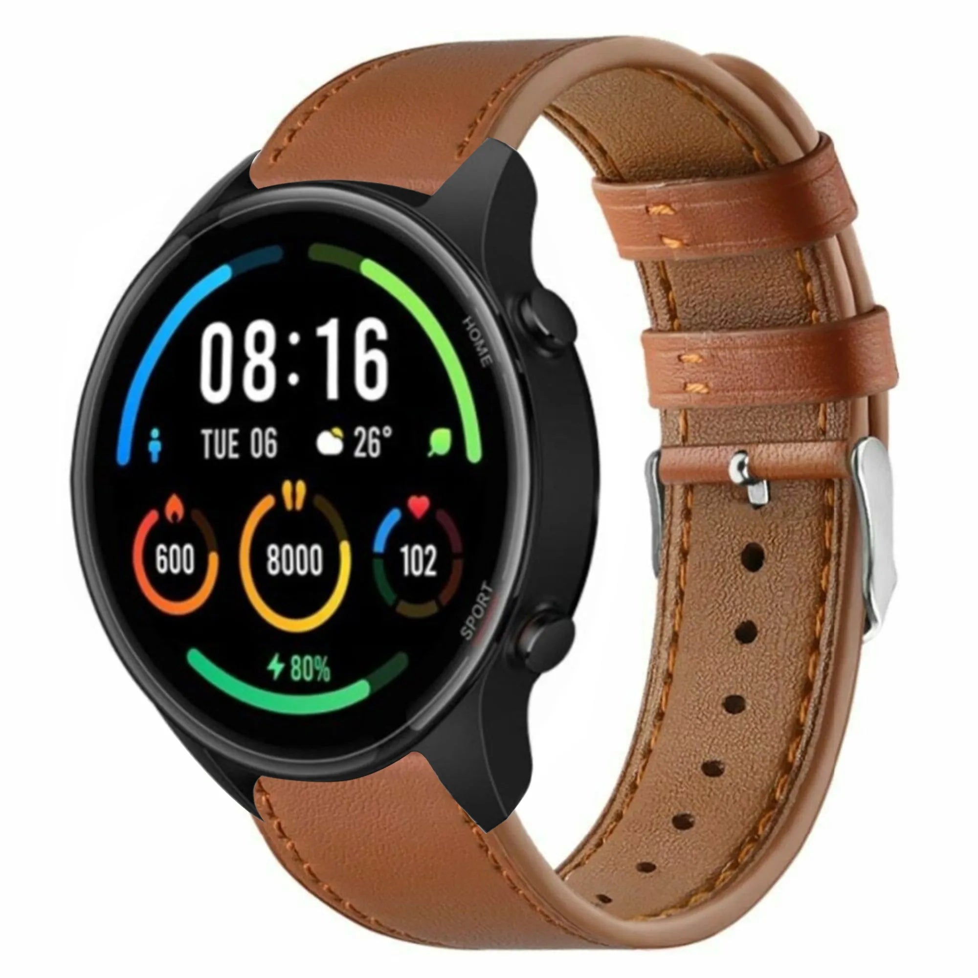 Modern Leather Strap, brown, on a watch, 3/4 front view
