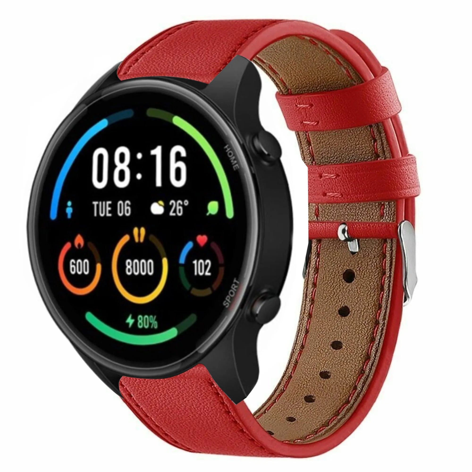 Modern Leather Strap, red, on a watch, 3/4 front view