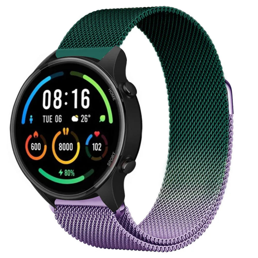 Milanese Strap, purple/green, on a watch, 3/4 front view