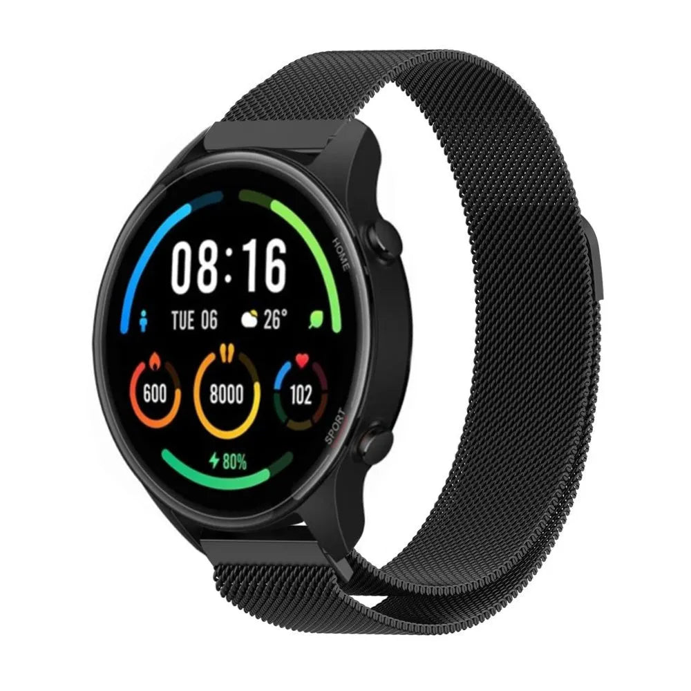 Milanese Strap, black, on a watch, 3/4 front view