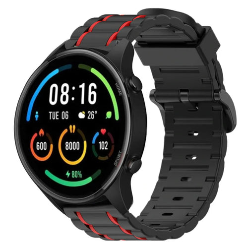 Silicone Sport Strap with Buckle, black/red, on a watch, 3/4 front view
