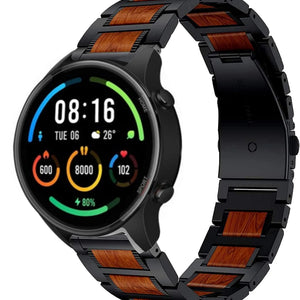 Wood Steel Strap, black, on a watch, 3/4 front view