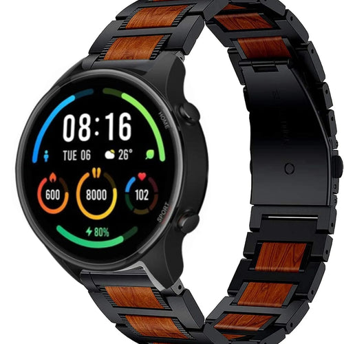 Wood Steel Strap, black, on a watch, 3/4 front view