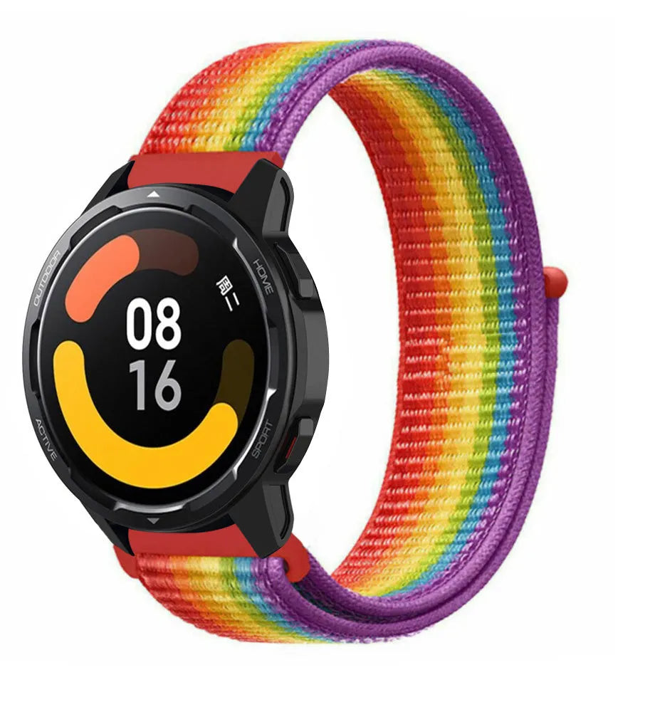 Nylon Strap, rainbow, on a watch, 3/4 front view