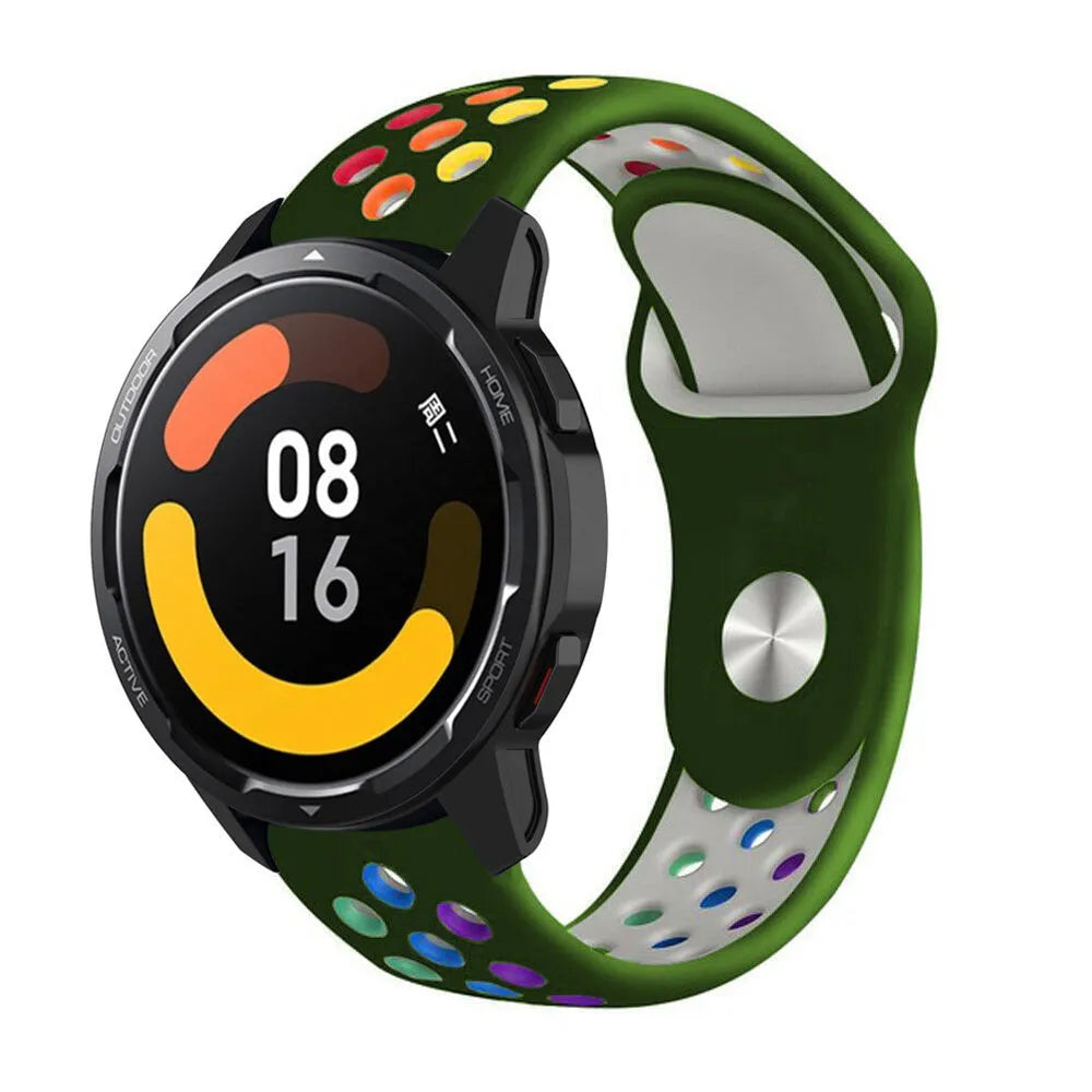 Silicone Sport Strap, army green/colourful, on a watch, 3/4 front view