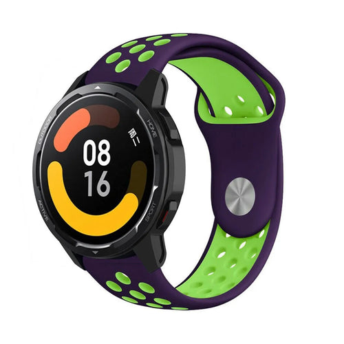 Silicone Sport Strap, purple/green, on a watch, 3/4 front view