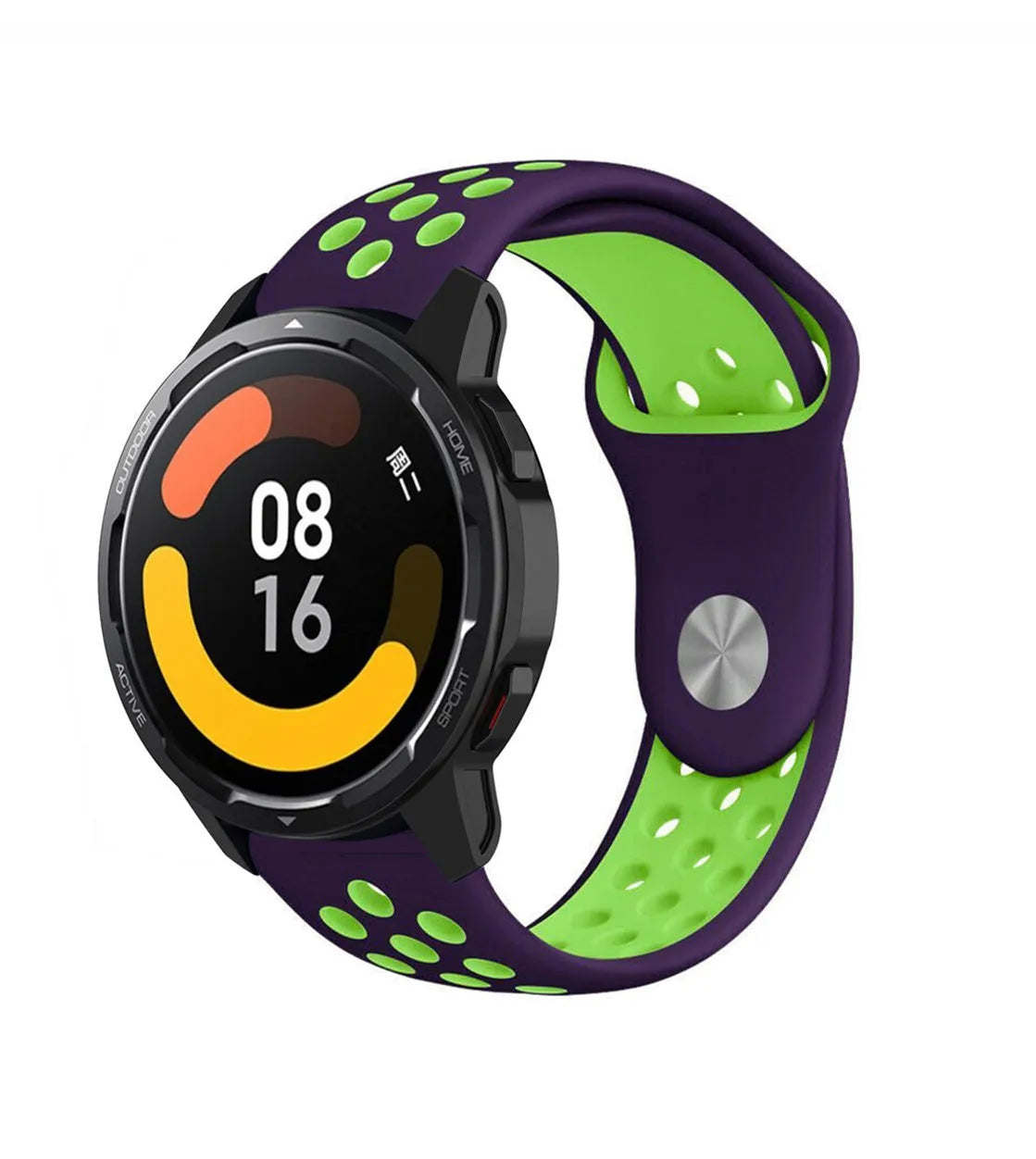 Silicone Sport Strap, purple/green, on a watch, 3/4 front view
