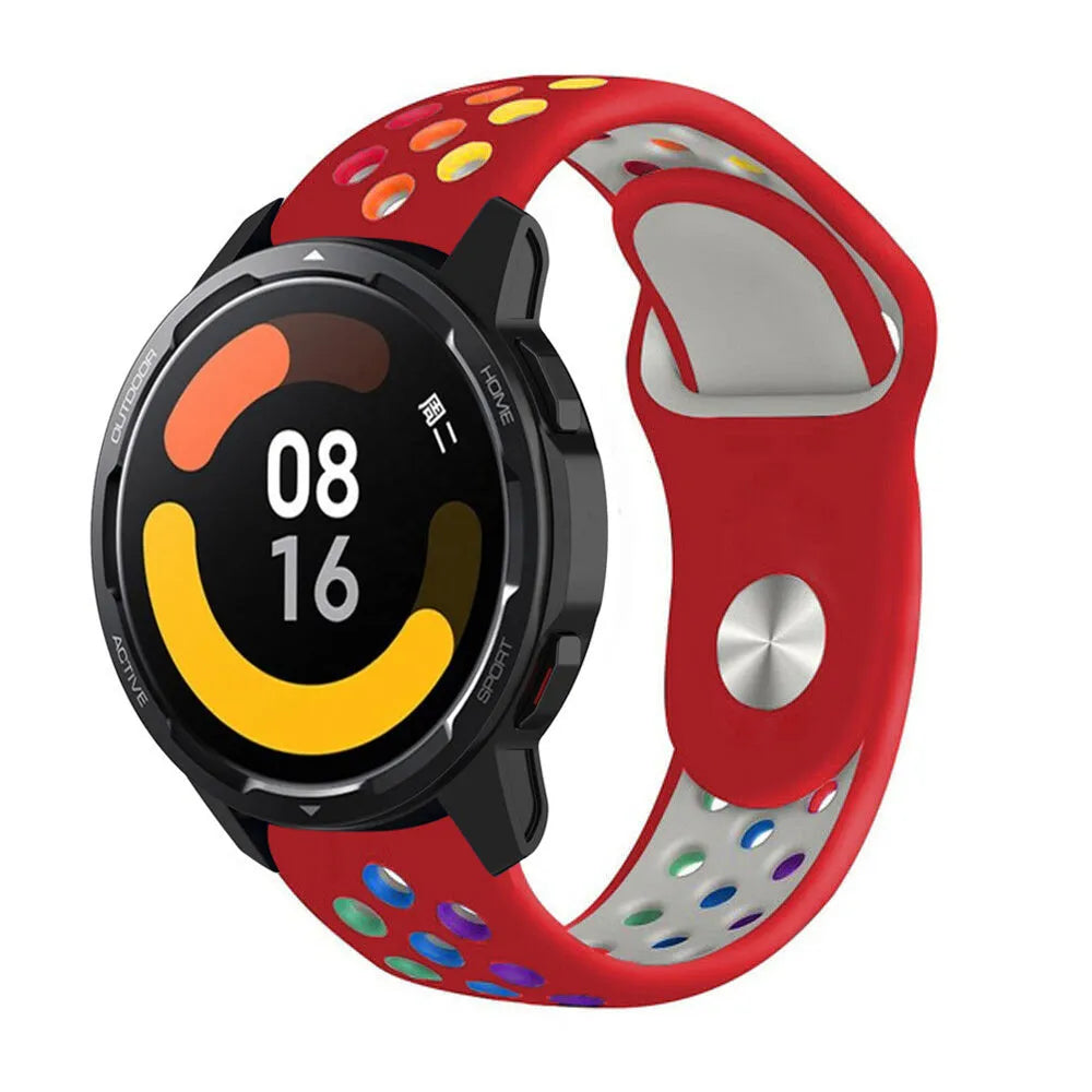 Silicone Sport Strap, red/colourful, on a watch, 3/4 front view