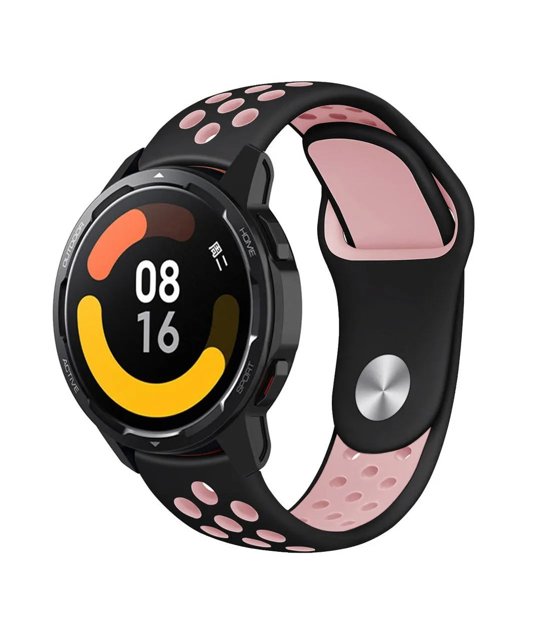 Silicone Sport Strap, black/pink, on a watch, 3/4 front view
