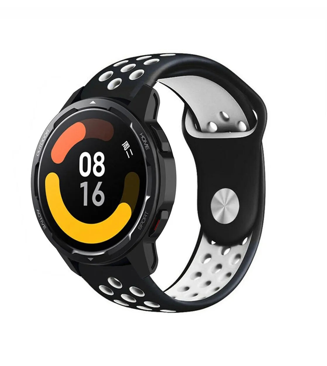 Silicone Sport Strap, black/white, on a watch, 3/4 front view