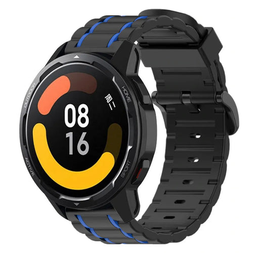 Silicone Sport Strap with Buckle, black/blue, on a watch, 3/4 front view