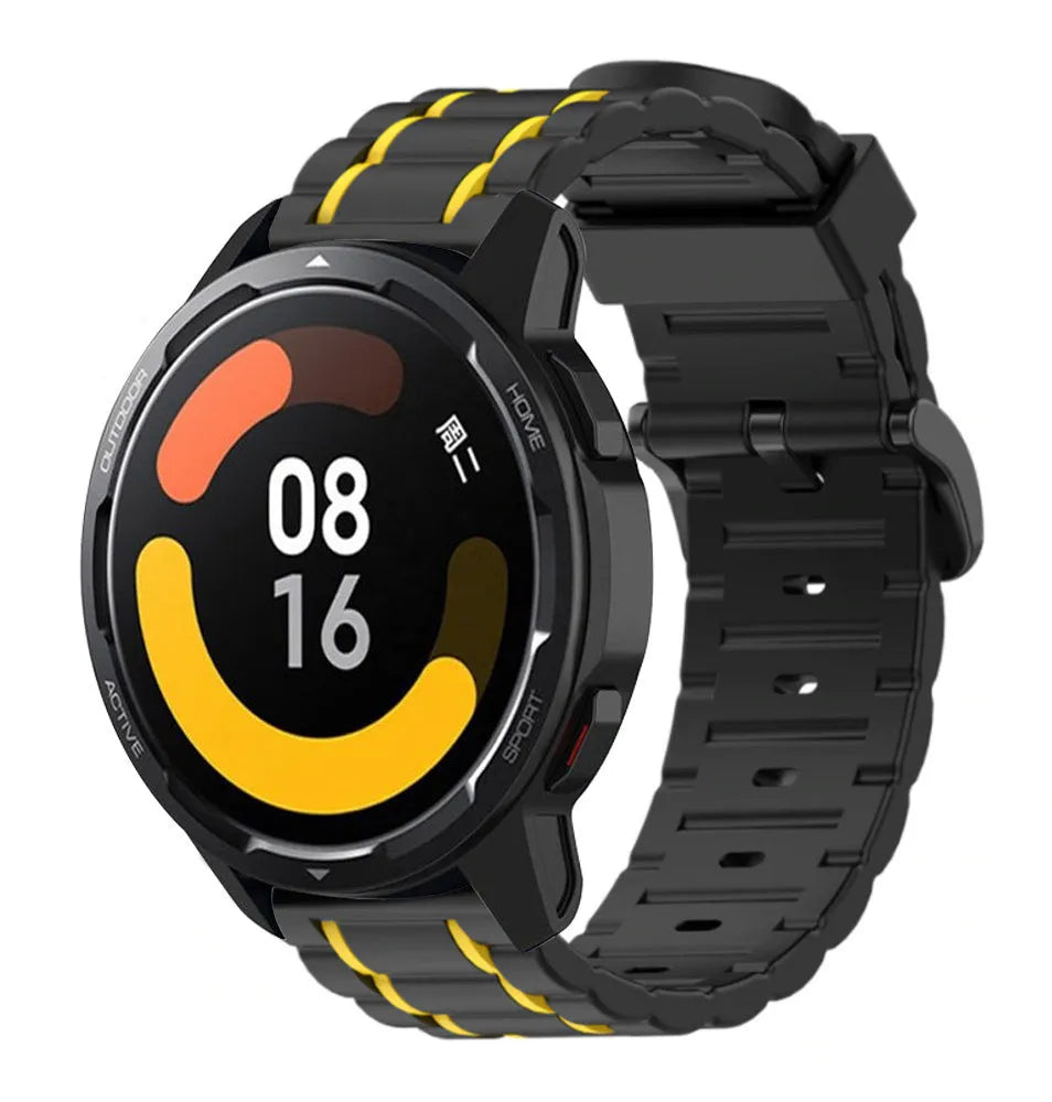 Silicone Sport Strap with Buckle, black/yellow, on a watch, 3/4 front view