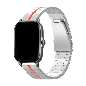 Steel Iron Strap, silver/red, on a watch, 3/4 front view