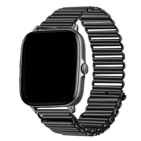 Steel Loop Strap, black, on a watch, 3/4 front view