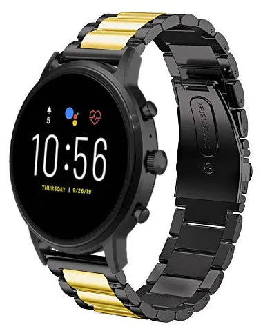 Steel Strap, black/gold, on a watch, 3/4 front view