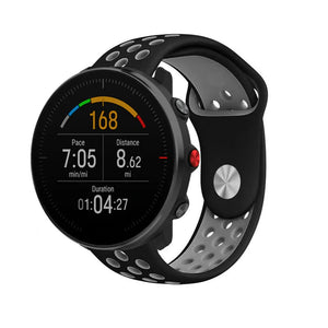 Silicone Sport Strap, black/grey, on a watch, 3/4 front view