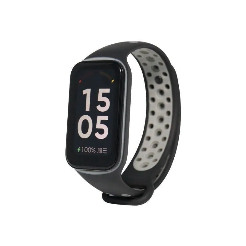 Silicone Sport Strap, black/grey, on a watch, 3/4 front view