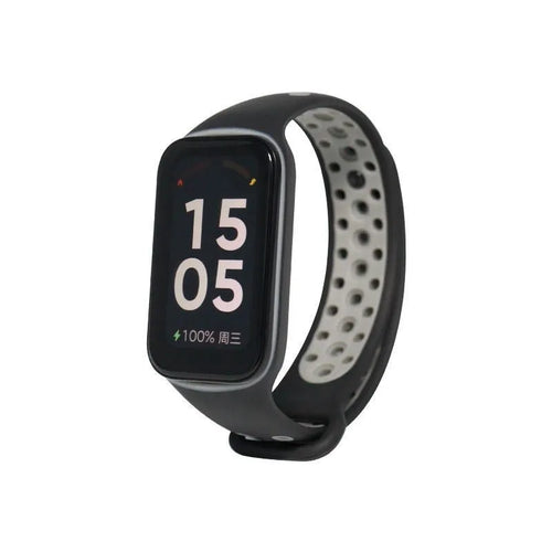 Silicone Sport Strap, black/grey, on a watch, 3/4 front view