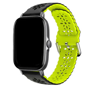 Patterned Silicone Strap, black/green, on a watch, 3/4 front view