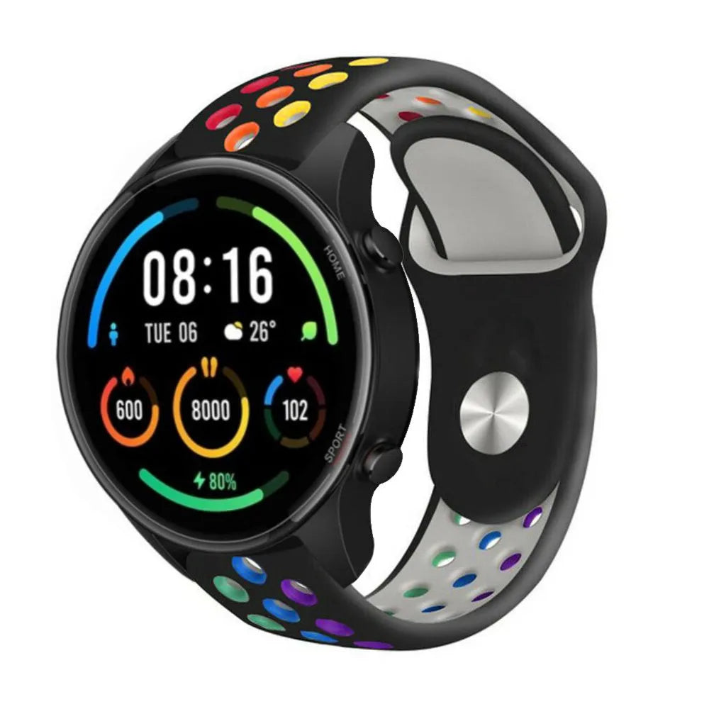 Silicone Sport Strap, black/colourful, on a watch, 3/4 front view