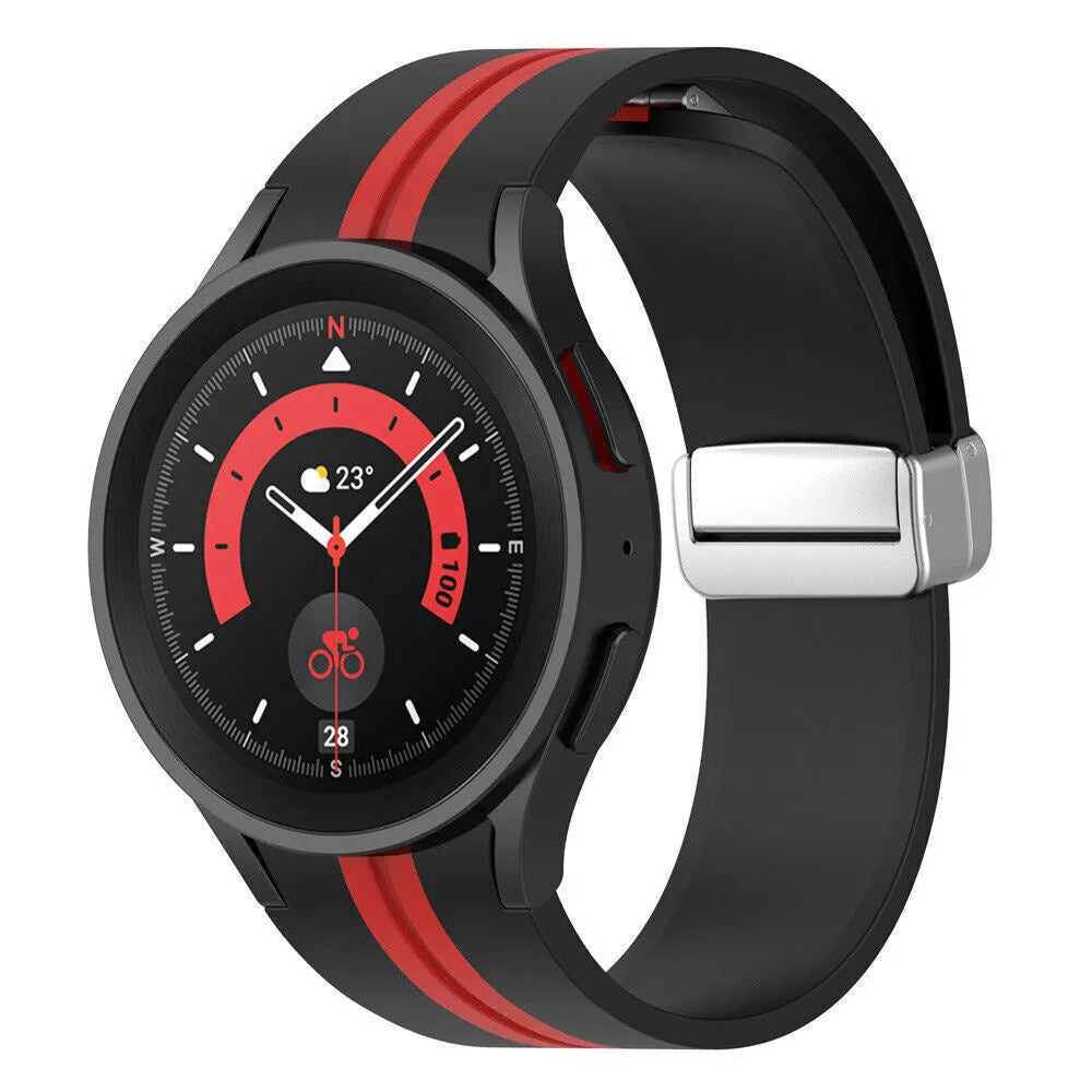 Silicone Magnetic Sport Strap, black/red, on a watch, 3/4 front view