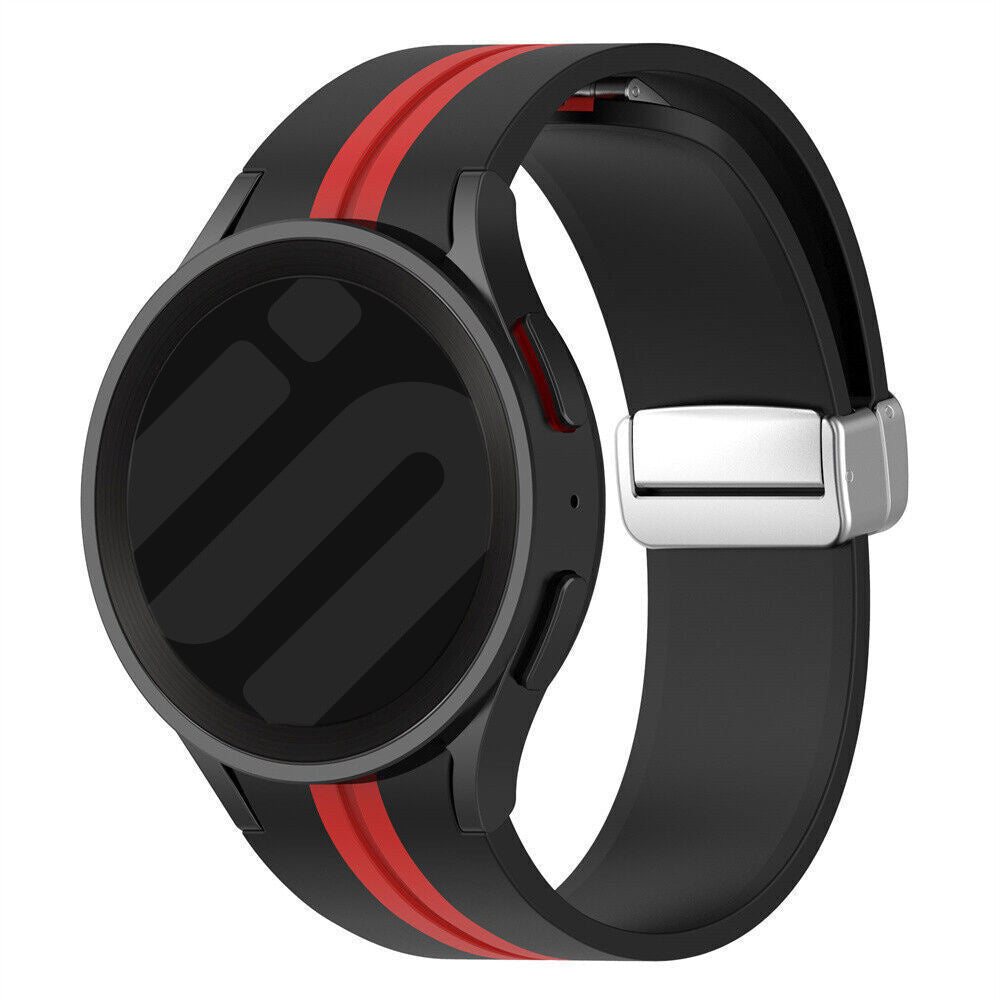 Silicone Magnetic Sport Strap, black/red, on a watch, 3/4 front view