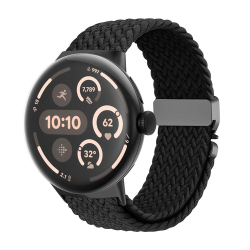 Nylon Braided Strap P-Buckle, black, on a watch, 3/4 front view