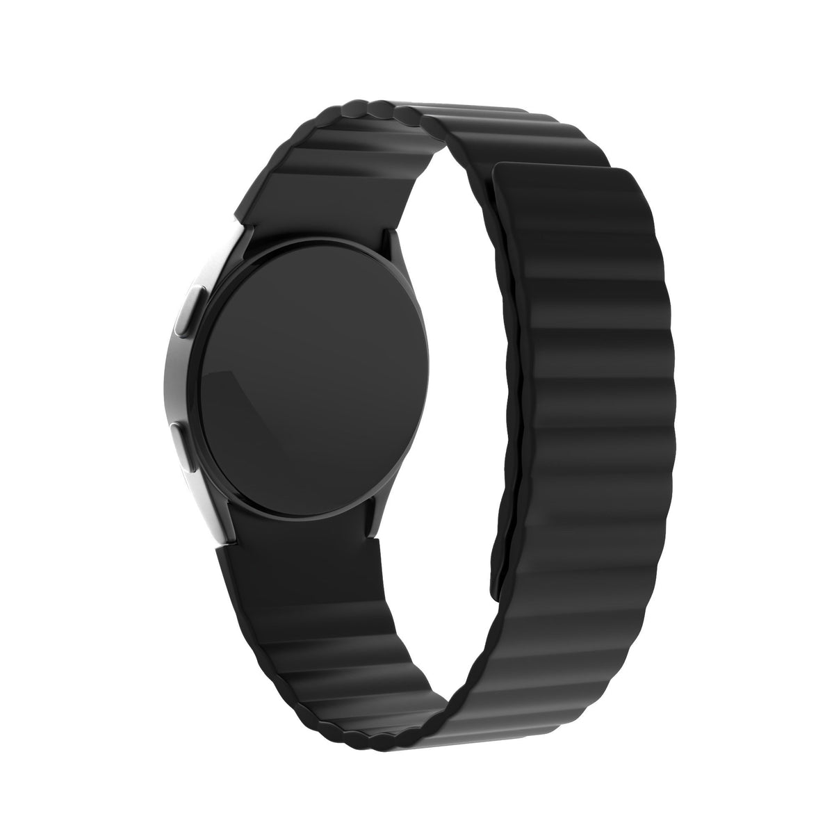 Magnetic Silicone Strap, black, on a watch, 3/4 front view