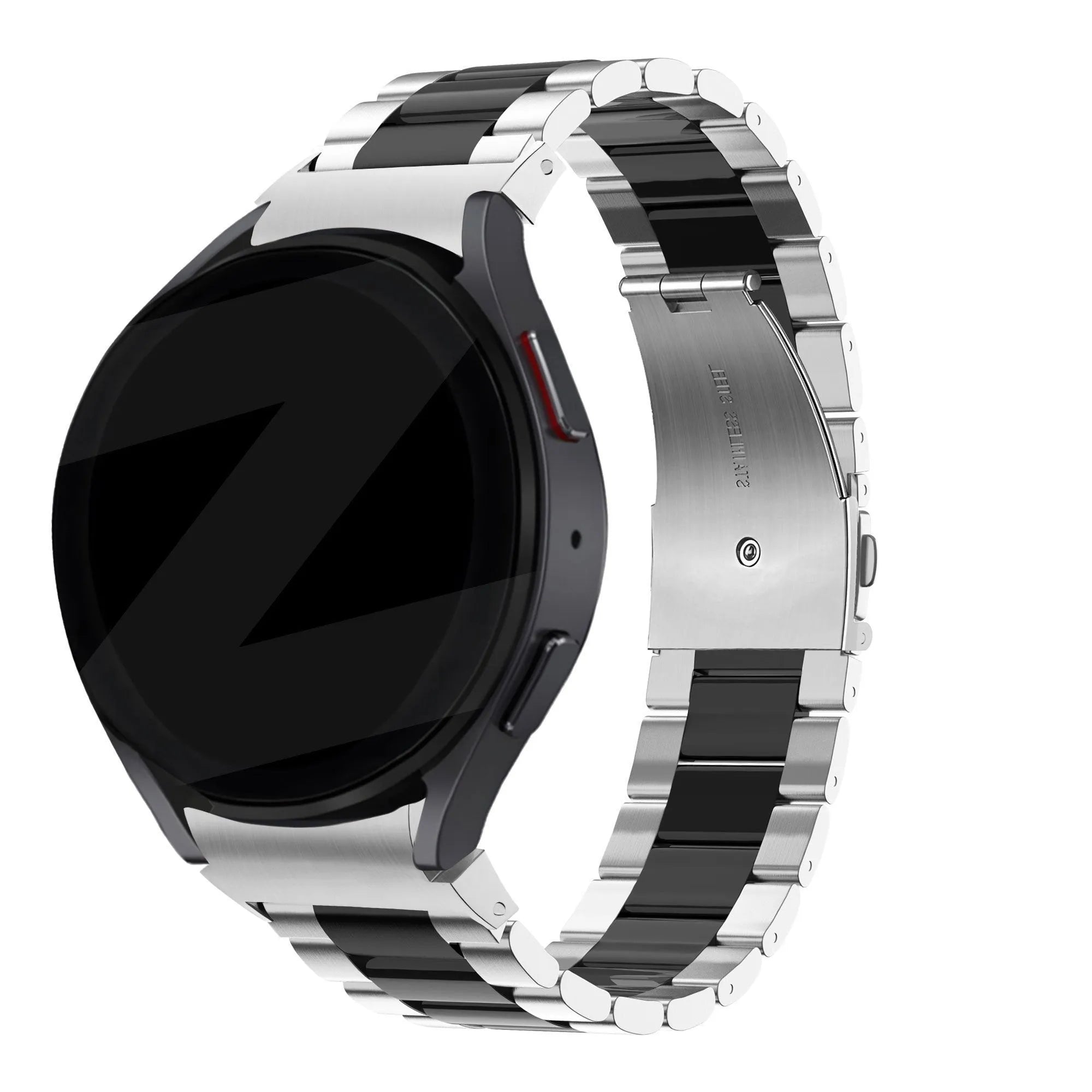 Steel Strap 'Classic', silver/black, on a watch, 3/4 rear view