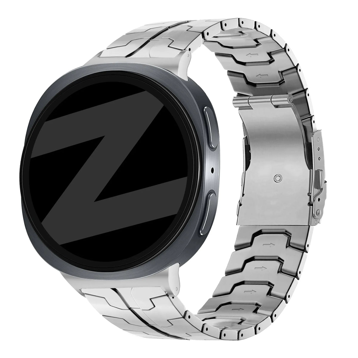 Titanium Strap 'Iron', silver, on a watch, 3/4 rear view