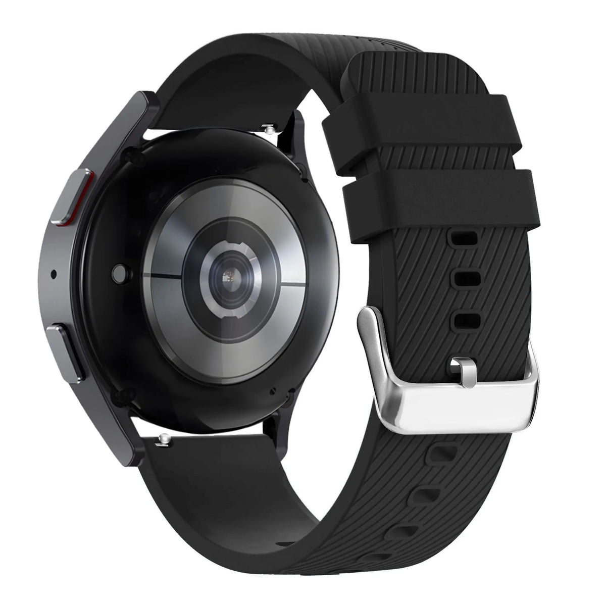 Silicone Strap 'Deluxe', black, on a watch, 3/4 rear view