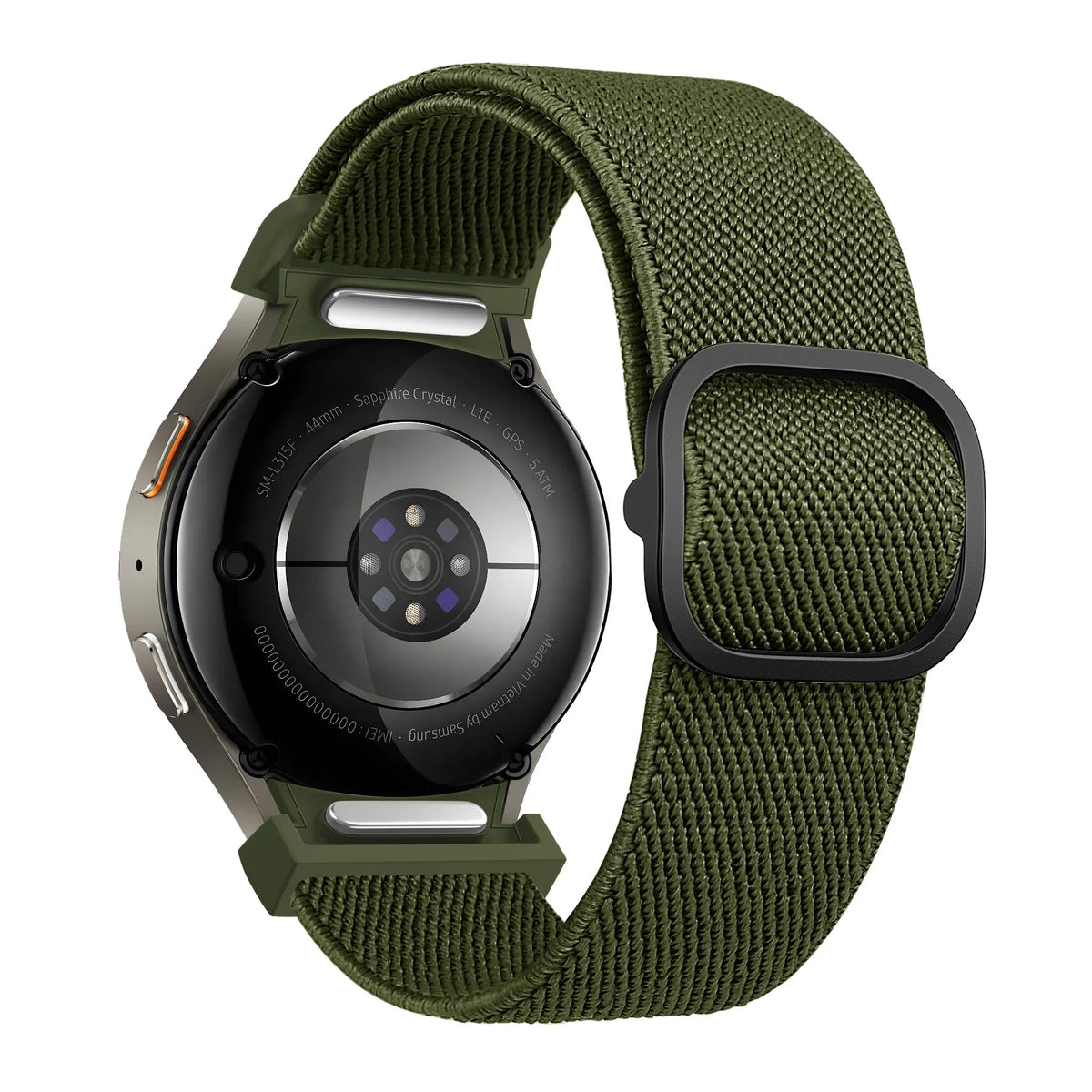 Nylon Elastic Strap 'Easy Fit', green, on a watch, 3/4 rear view