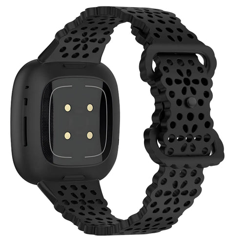 Patterned Silicone Strap, black, on a watch, 3/4 rear view