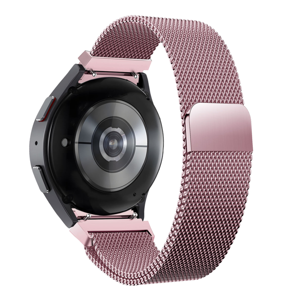 Milanese Loop Strap, pink, on a watch, 3/4 rear view