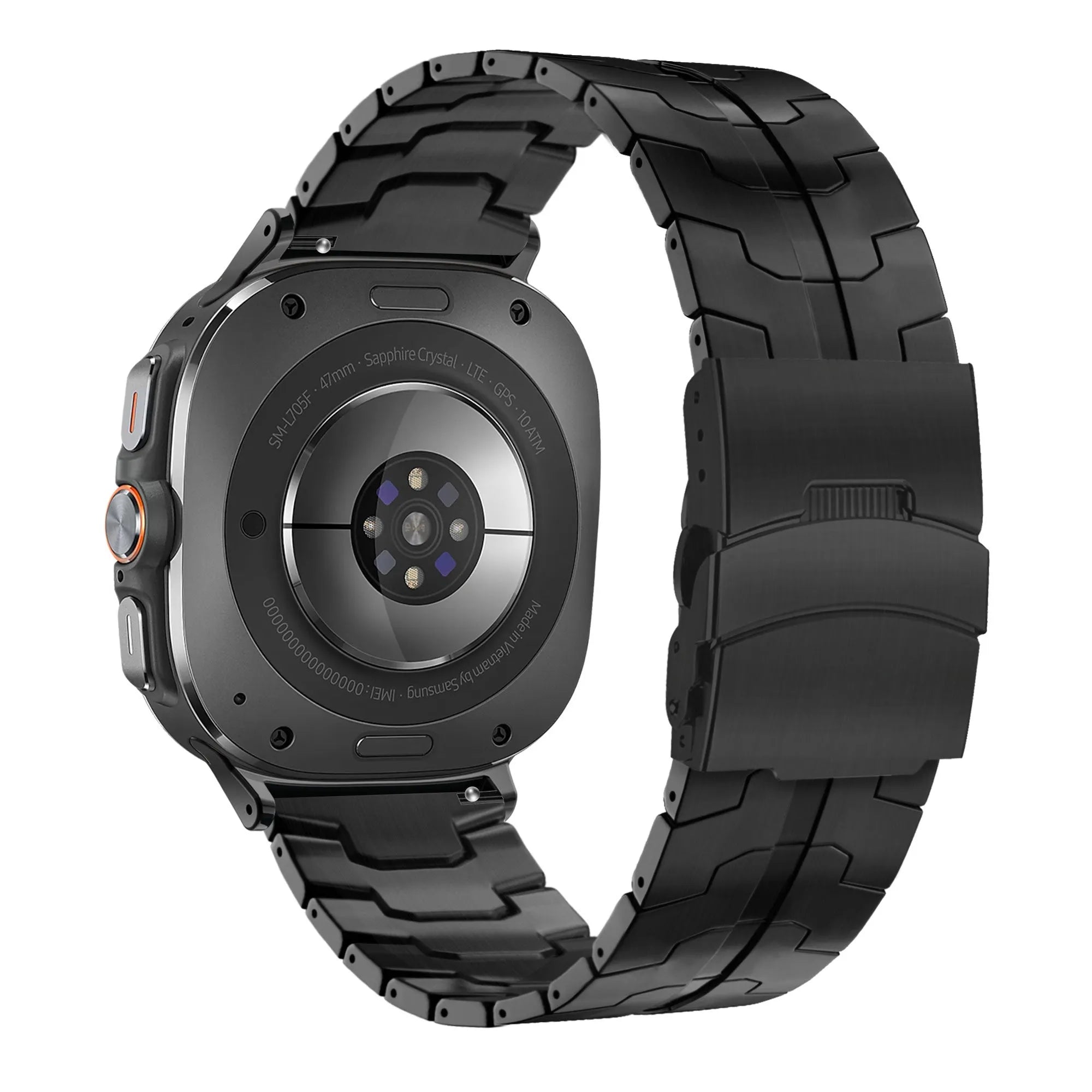 Titanium Strap 'Iron', black, on a watch, 3/4 rear view